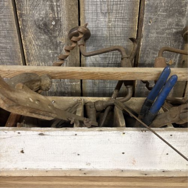An Assortment of Antique and Vintage Hand Tools in a Primitive Wooden Tool Tote
