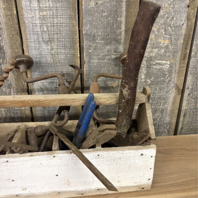 An Assortment of Antique and Vintage Hand Tools in a Primitive Wooden Tool Tote