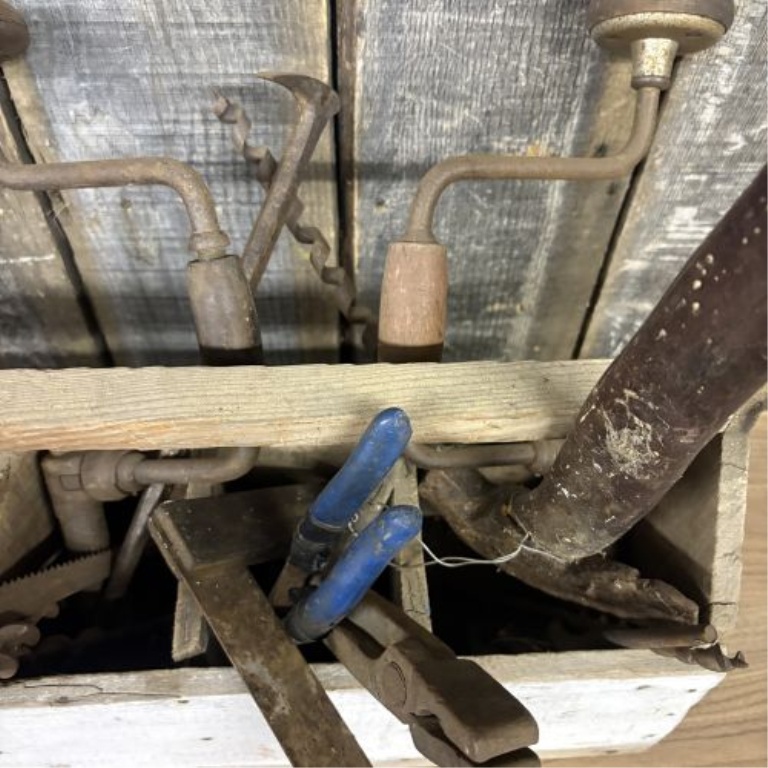 An Assortment of Antique and Vintage Hand Tools in a Primitive Wooden Tool Tote