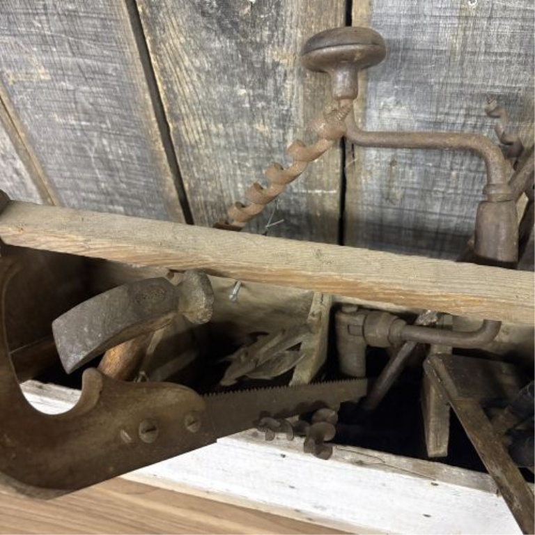 An Assortment of Antique and Vintage Hand Tools in a Primitive Wooden Tool Tote