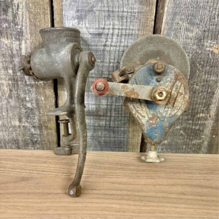 Two Vintage Hand-Crank Tools Including a Universal Food Chopper and a Wardway Bench Grinder