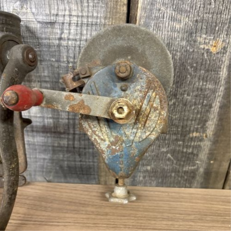 Two Vintage Hand-Crank Tools Including a Universal Food Chopper and a Wardway Bench Grinder