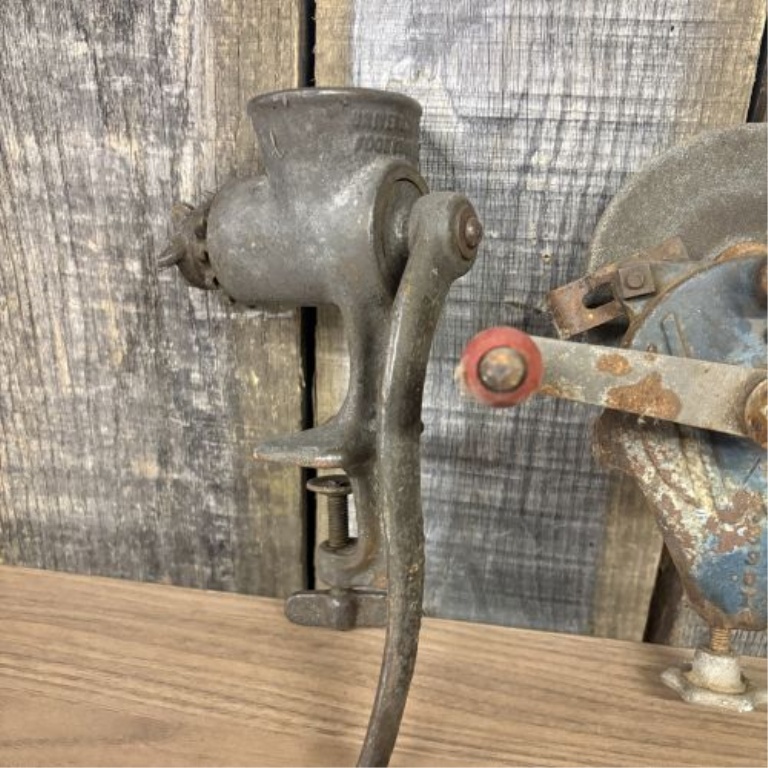 Two Vintage Hand-Crank Tools Including a Universal Food Chopper and a Wardway Bench Grinder