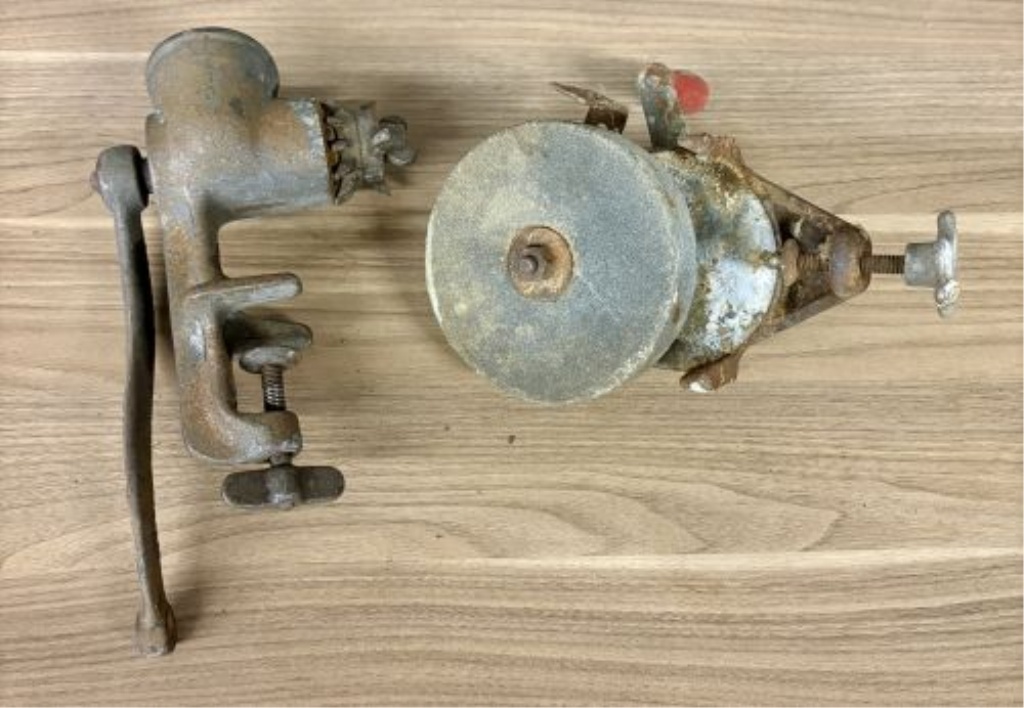 Two Vintage Hand-Crank Tools Including a Universal Food Chopper and a Wardway Bench Grinder