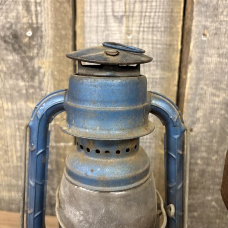 Two Vintage Portable Lamps Including a No. 100 Hurricane Lantern and an Amber Glass Lamp