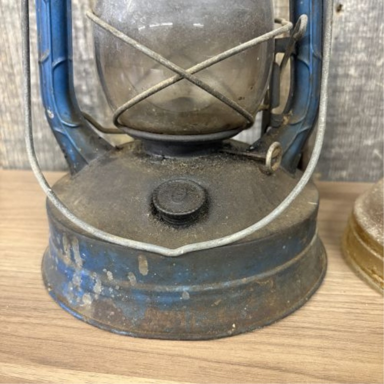 Two Vintage Portable Lamps Including a No. 100 Hurricane Lantern and an Amber Glass Lamp
