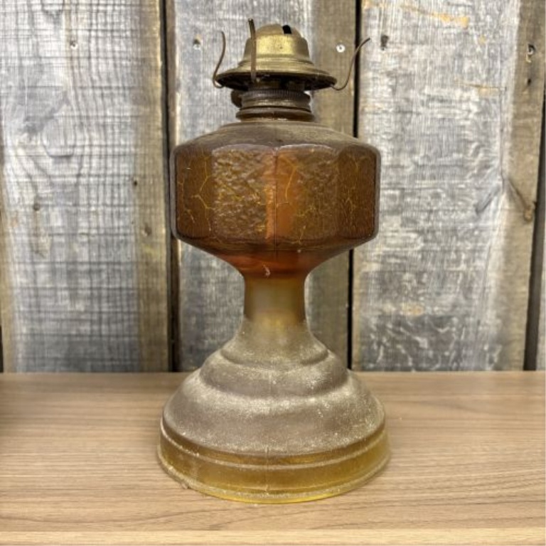 Two Vintage Portable Lamps Including a No. 100 Hurricane Lantern and an Amber Glass Lamp