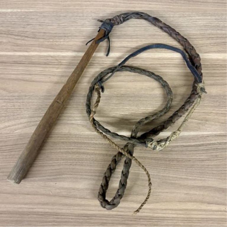 Antique Braided Leather Quirt with Turned Wood Handle