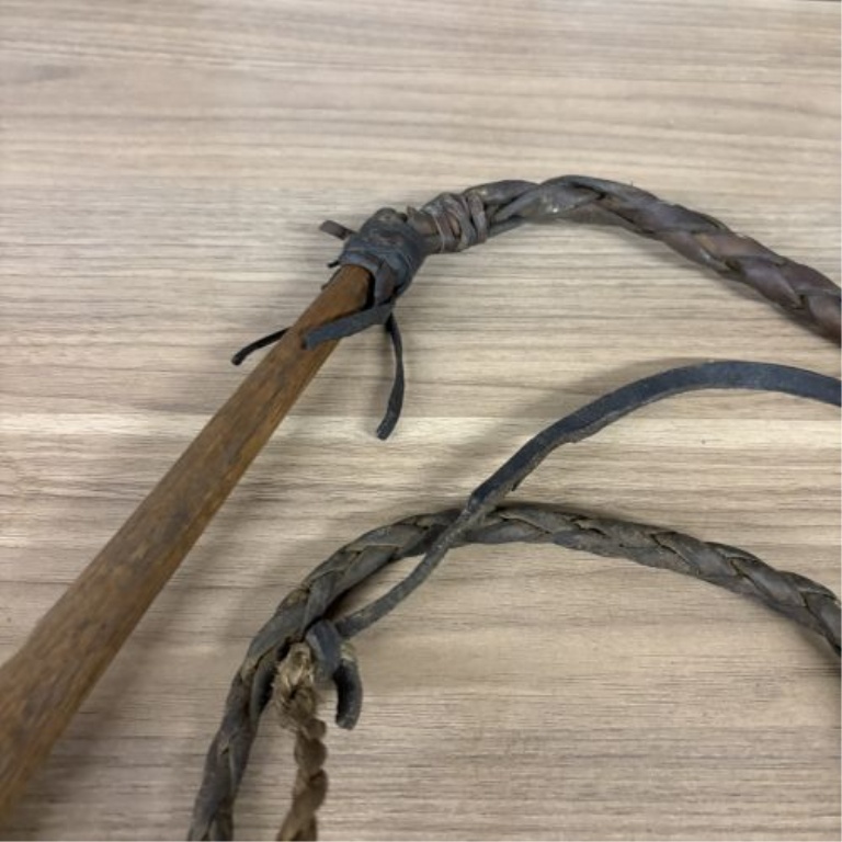 Antique Braided Leather Quirt with Turned Wood Handle