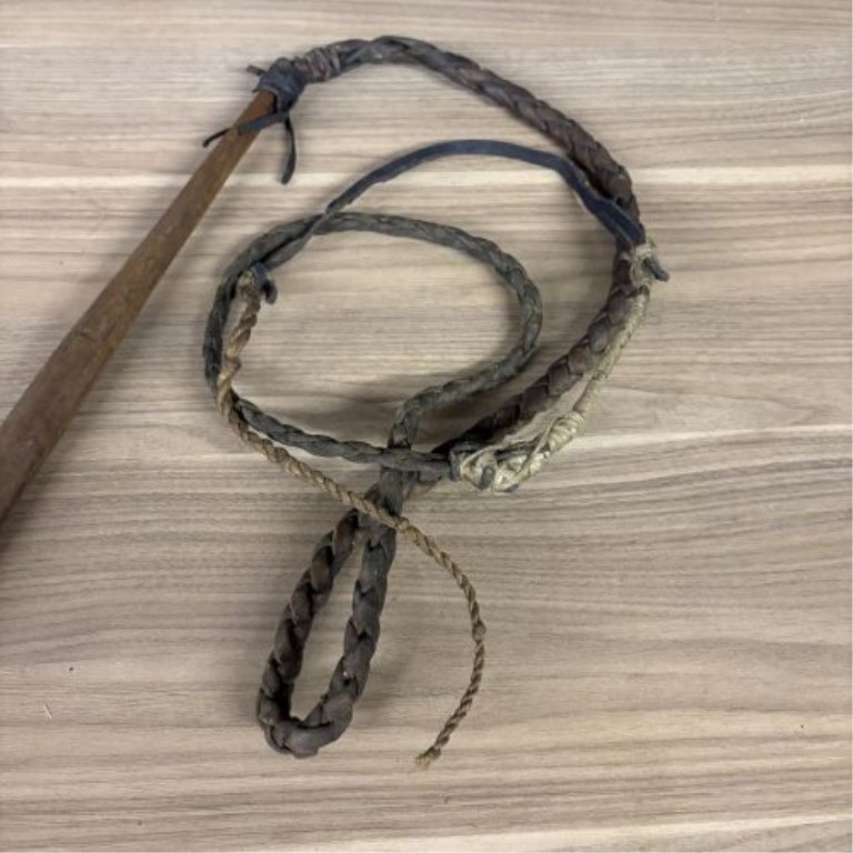 Antique Braided Leather Quirt with Turned Wood Handle