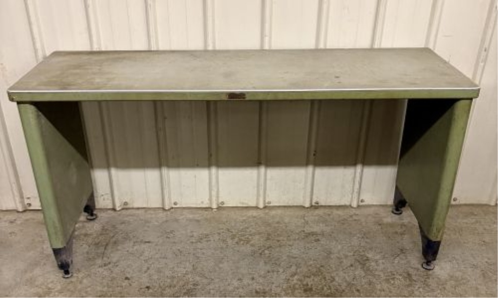 Mid-Century Industrial Metal Work Table with Green Painted Base