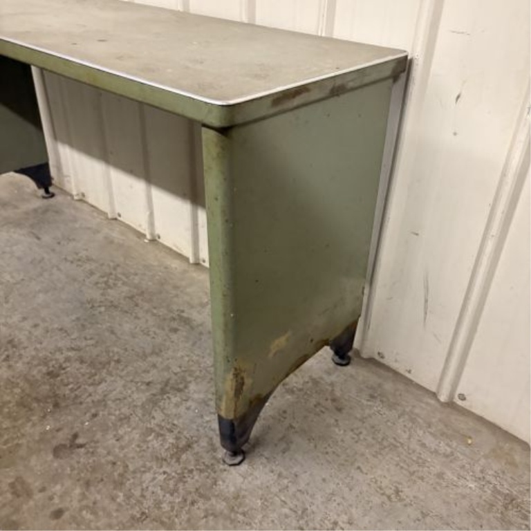 Mid-Century Industrial Metal Work Table with Green Painted Base