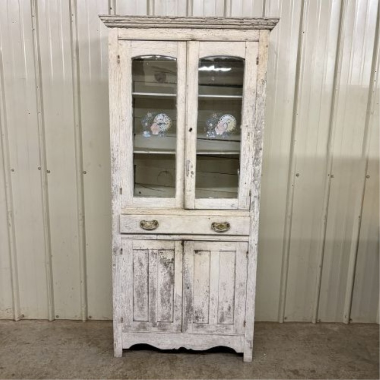 Antique American Primitive Two-Piece Painted Cupboard with Screened Ventilation