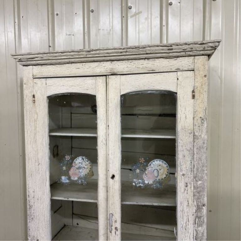 Antique American Primitive Two-Piece Painted Cupboard with Screened Ventilation