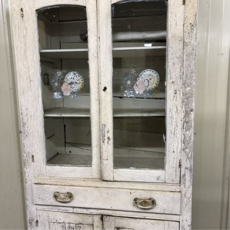 Antique American Primitive Two-Piece Painted Cupboard with Screened Ventilation