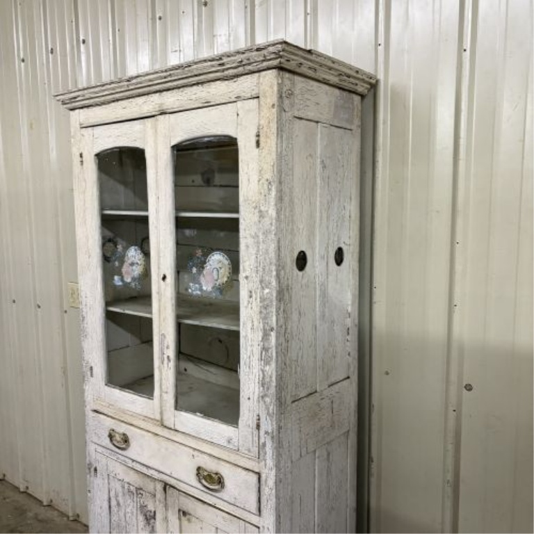 Antique American Primitive Two-Piece Painted Cupboard with Screened Ventilation