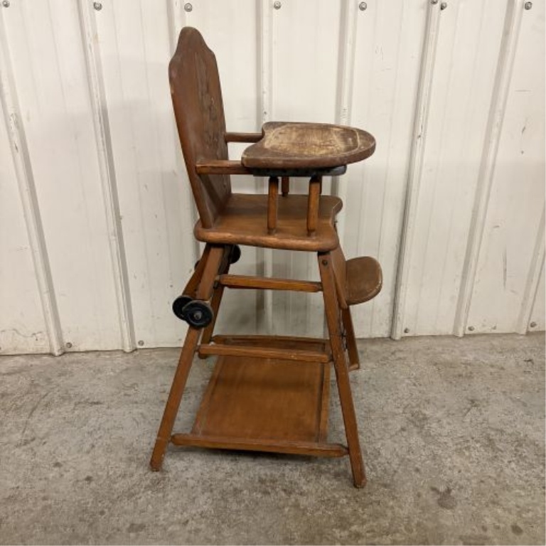 Vintage American Convertible Wooden Baby High Chair and Play Table
