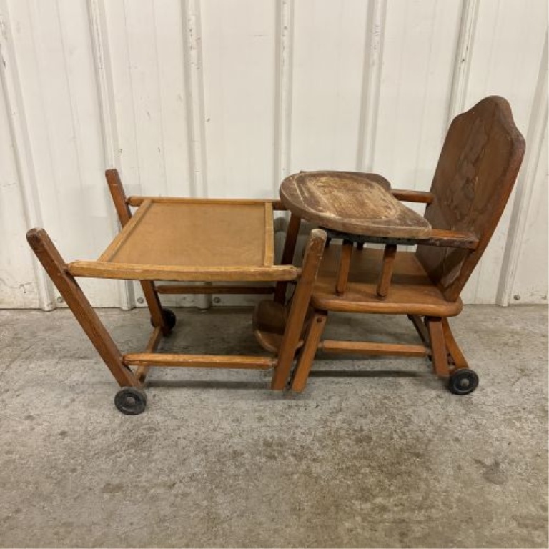 Vintage American Convertible Wooden Baby High Chair and Play Table