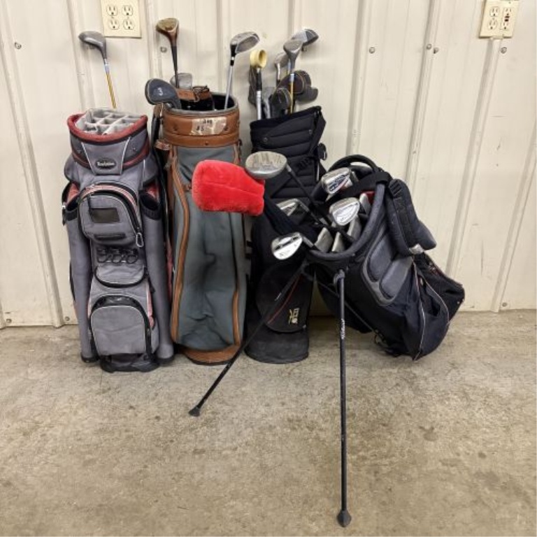 An Assortment of Golf Bags and Mixed Clubs Including Titleist and Adams Golf