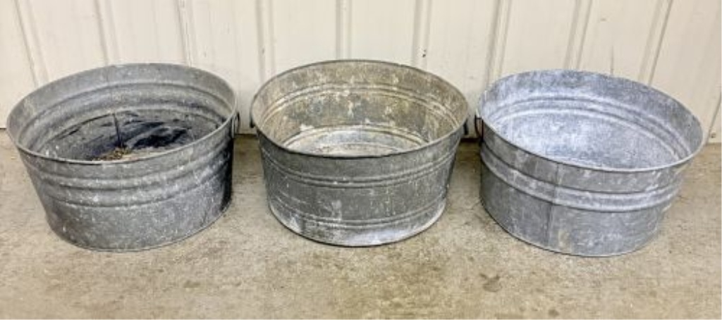 Three Vintage No. 2 Galvanized Steel Round Wash Tubs