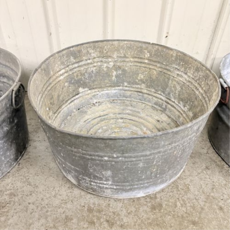 Three Vintage No. 2 Galvanized Steel Round Wash Tubs