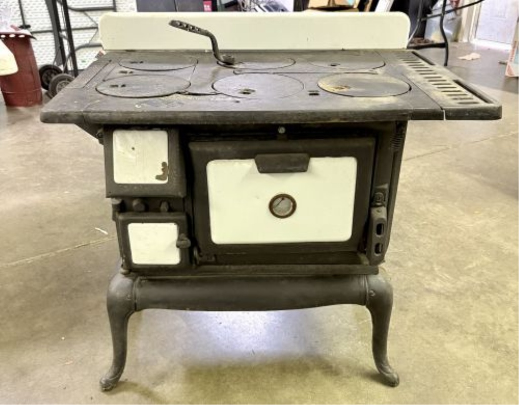 Antique Cast Iron and Porcelain Enamel Wood Burning Cookstove