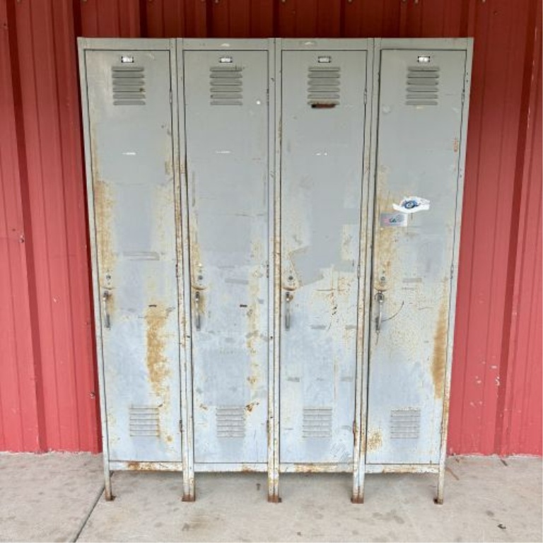 Bank of Four Vintage Industrial Steel Clothing Lockers by K.F. Cline Co. Inc., 1959
