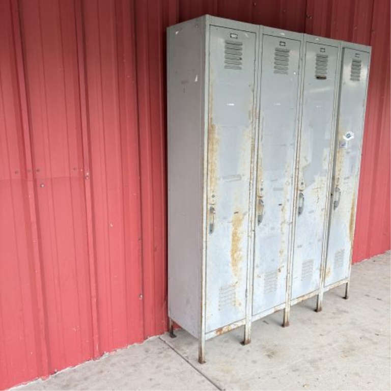 Bank of Four Vintage Industrial Steel Clothing Lockers by K.F. Cline Co. Inc., 1959