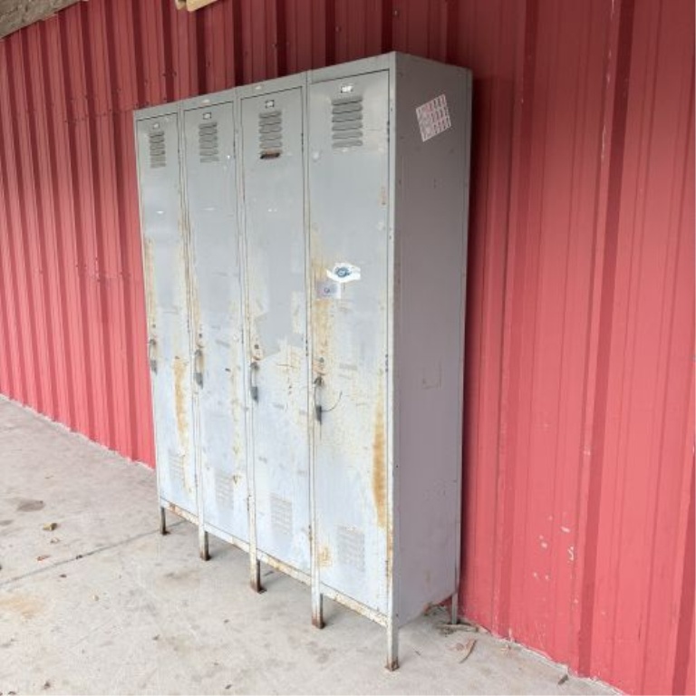 Bank of Four Vintage Industrial Steel Clothing Lockers by K.F. Cline Co. Inc., 1959