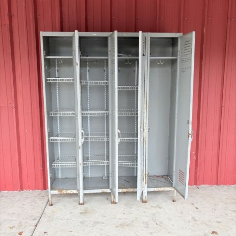 Bank of Four Vintage Industrial Steel Clothing Lockers by K.F. Cline Co. Inc., 1959