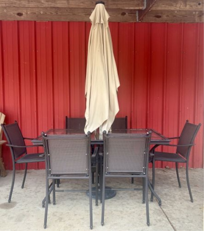Eight-Piece Contemporary Metal and Glass Patio Dining Set with Umbrella