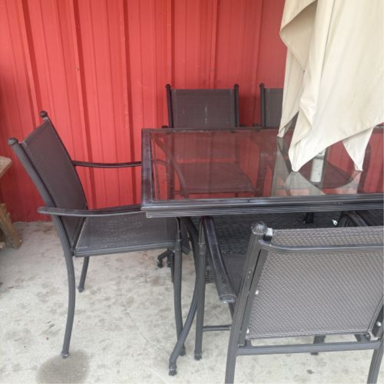 Eight-Piece Contemporary Metal and Glass Patio Dining Set with Umbrella