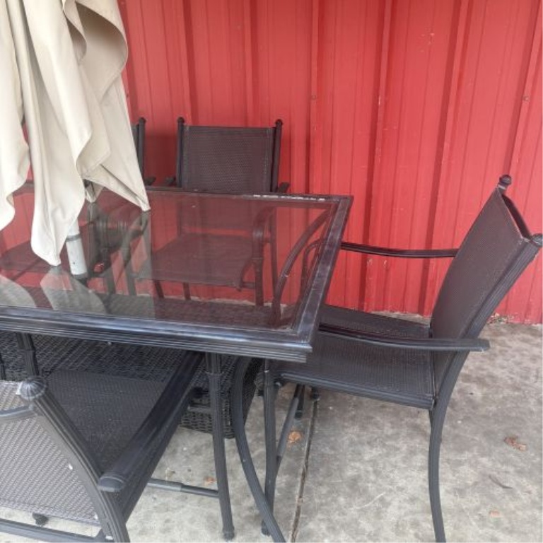 Eight-Piece Contemporary Metal and Glass Patio Dining Set with Umbrella