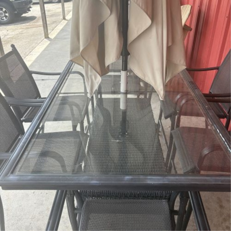 Eight-Piece Contemporary Metal and Glass Patio Dining Set with Umbrella