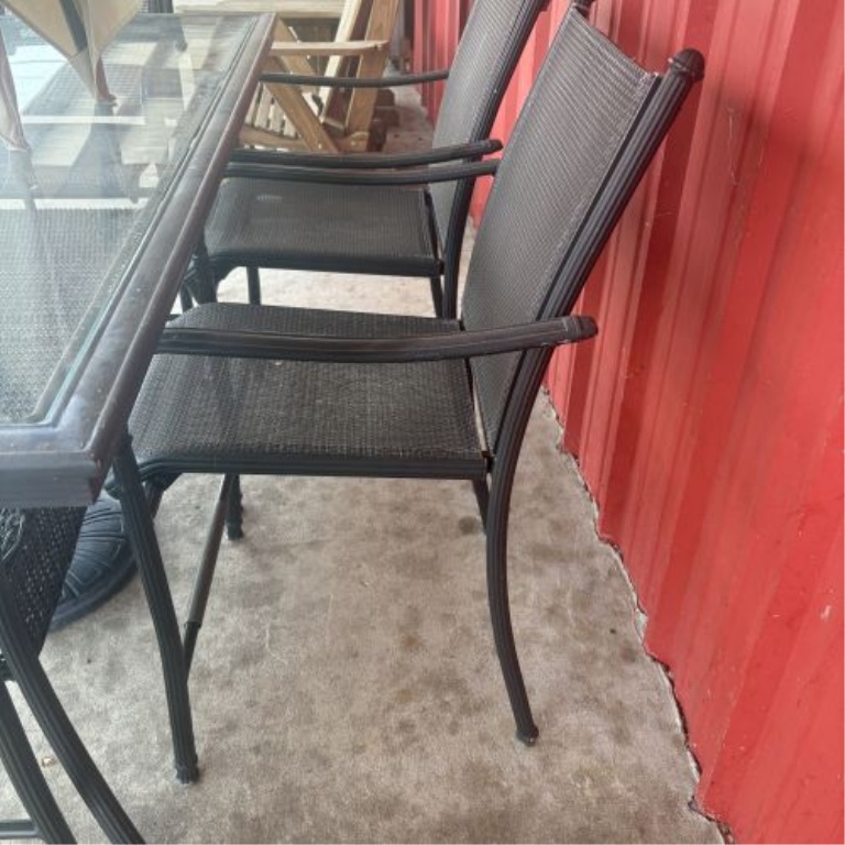 Eight-Piece Contemporary Metal and Glass Patio Dining Set with Umbrella