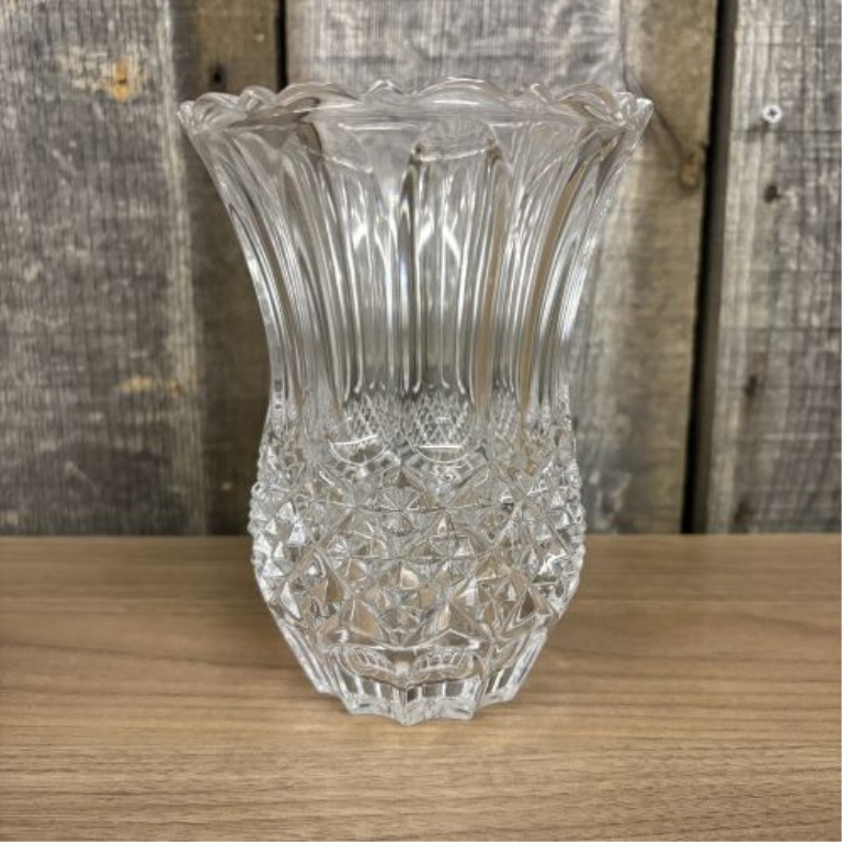 Three clear cut glass and lead crystal decorative vases including one attributed to Cristal d'Arques