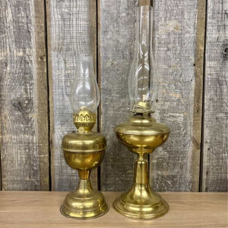 A Pair of Brass Pedestal Kerosene Lamps, One by Doran Manufacturing Co.