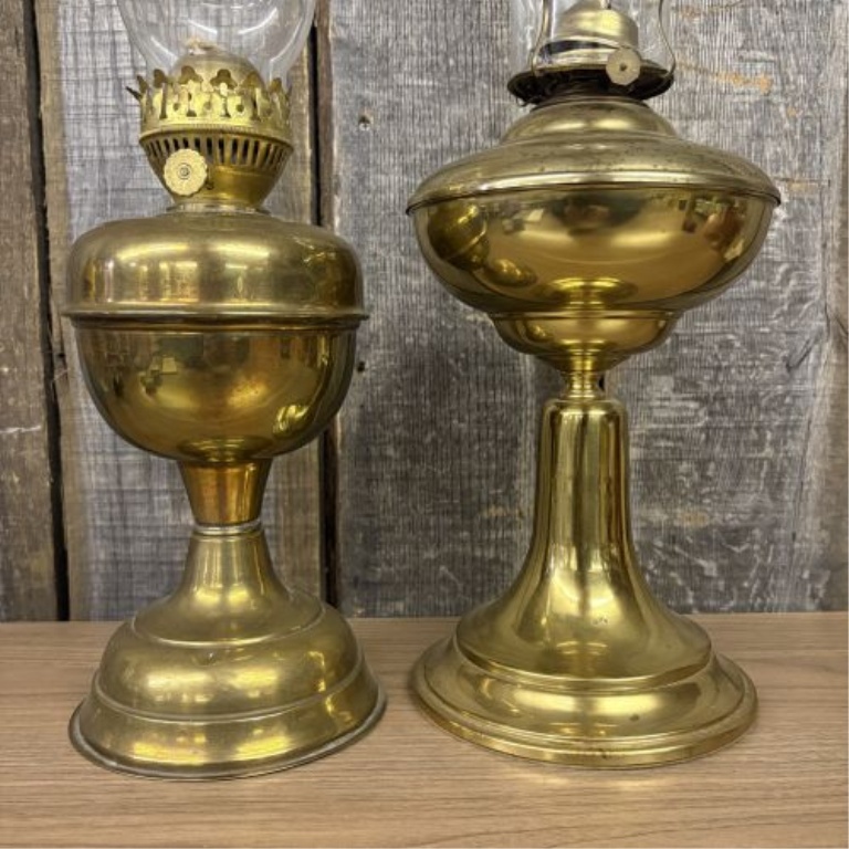 A Pair of Brass Pedestal Kerosene Lamps, One by Doran Manufacturing Co.