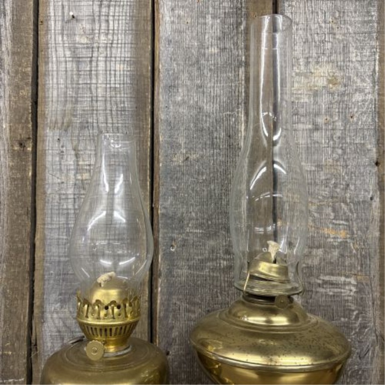 A Pair of Brass Pedestal Kerosene Lamps, One by Doran Manufacturing Co.
