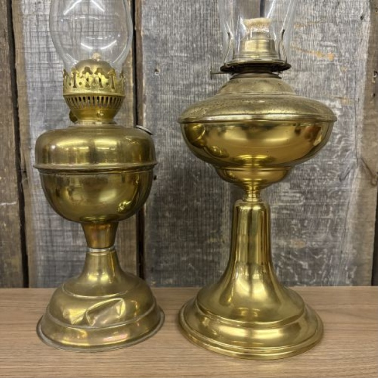 A Pair of Brass Pedestal Kerosene Lamps, One by Doran Manufacturing Co.