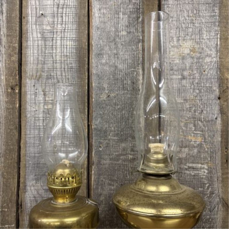 A Pair of Brass Pedestal Kerosene Lamps, One by Doran Manufacturing Co.