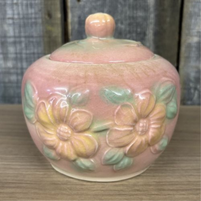 Attributed to Hull Pottery Sunglow Pattern Floral Relief Lidded Grease Jar