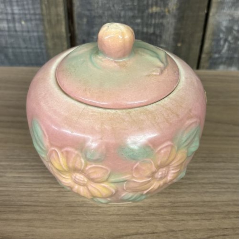 Attributed to Hull Pottery Sunglow Pattern Floral Relief Lidded Grease Jar