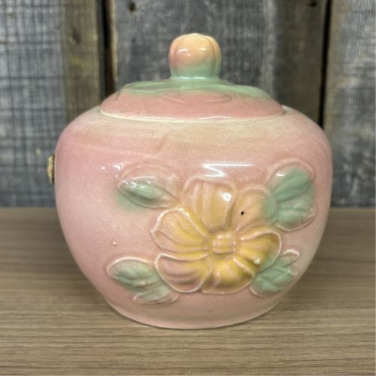 Attributed to Hull Pottery Sunglow Pattern Floral Relief Lidded Grease Jar
