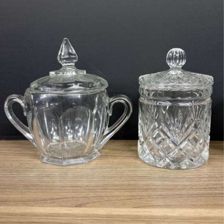 Seven Clear Glass Lidded Table Articles Including Pieces in the Style of Anchor Hocking Wexford