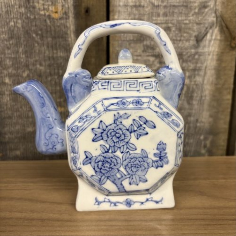 A Trio of Chinese Style Blue and White Porcelain Decorative Teapots