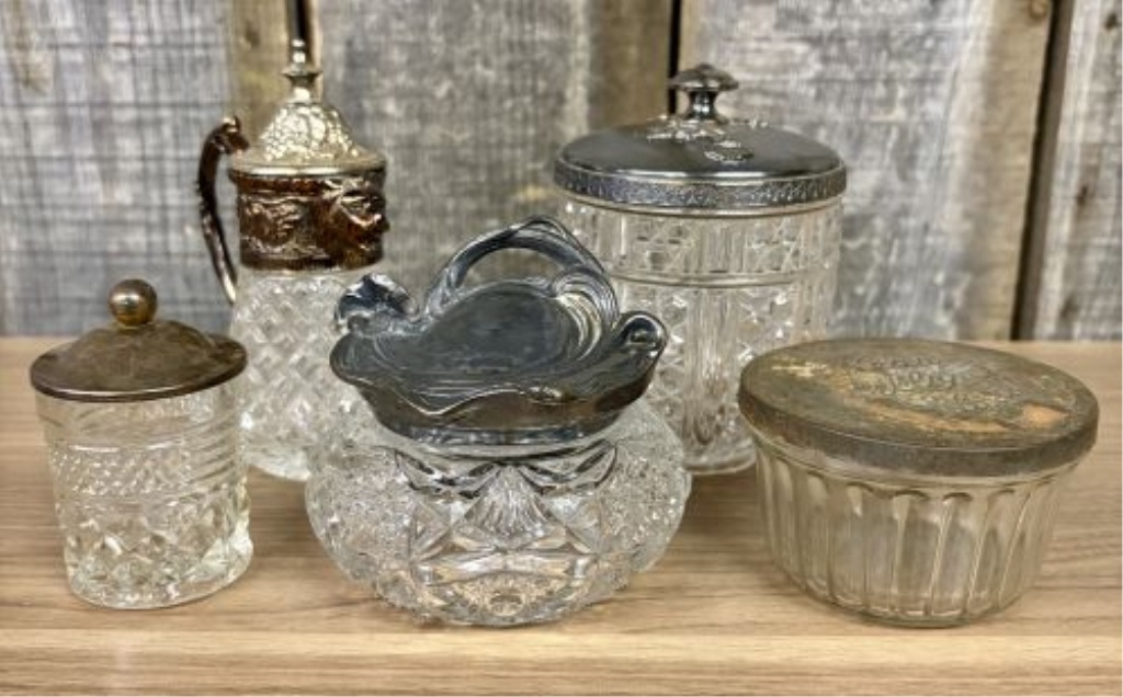 A Collection of Five Antique and Vintage Cut and Pressed Glass Containers with Metal Lids