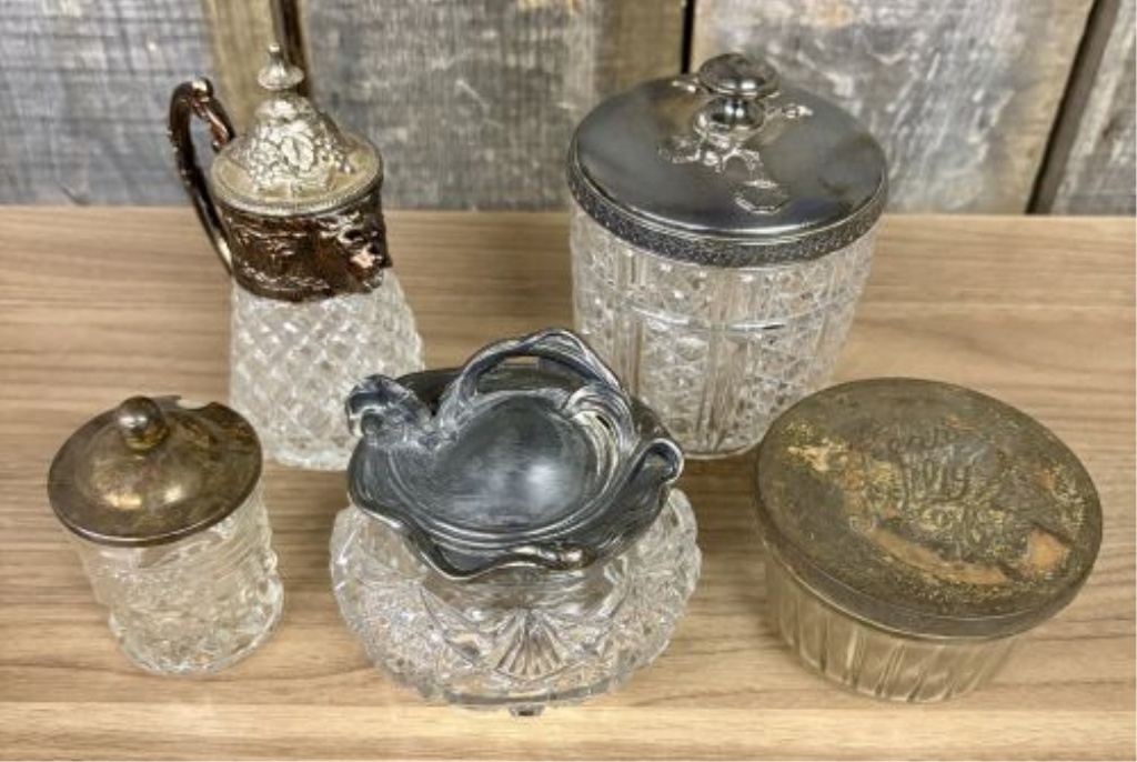 A Collection of Five Antique and Vintage Cut and Pressed Glass Containers with Metal Lids