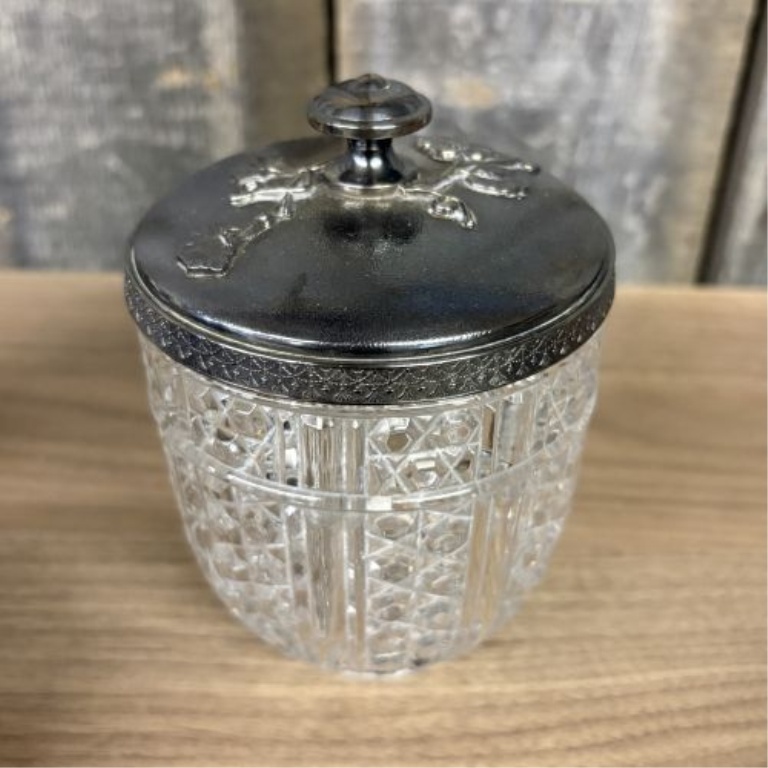 A Collection of Five Antique and Vintage Cut and Pressed Glass Containers with Metal Lids