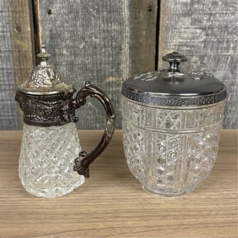 A Collection of Five Antique and Vintage Cut and Pressed Glass Containers with Metal Lids